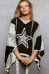 Trendsi POL Floral Star Patch Hooded Blouse with Lace Contrast Detail -