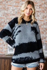 Trendsi First Love Full Size Abstract Pattern Contrast Feather Yarn Sweater -