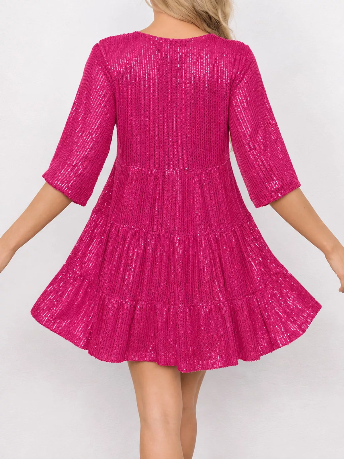 Round neck 3/4 sleeve mini dress, back view