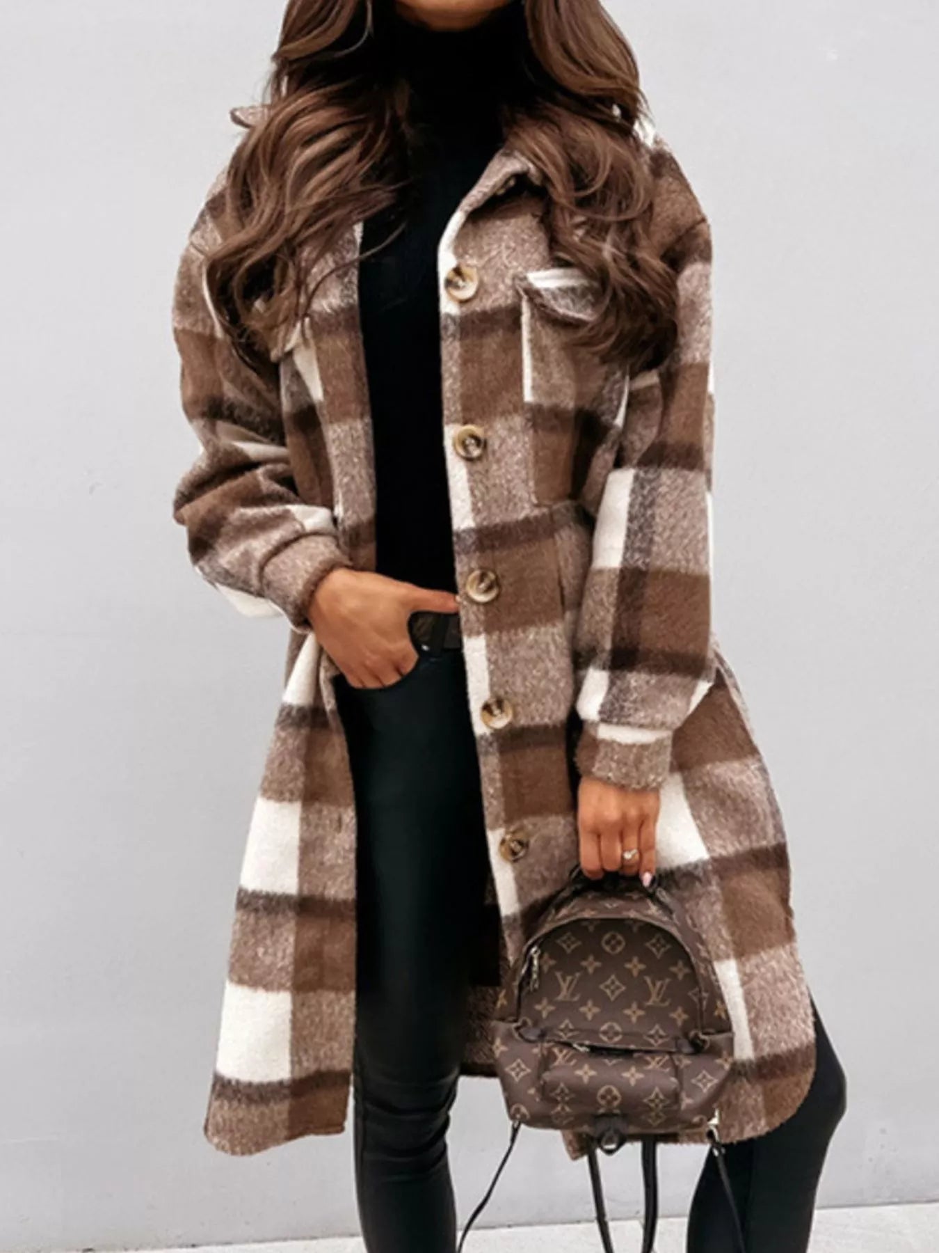 Trendsi Longline Plaid Button Up Coat -