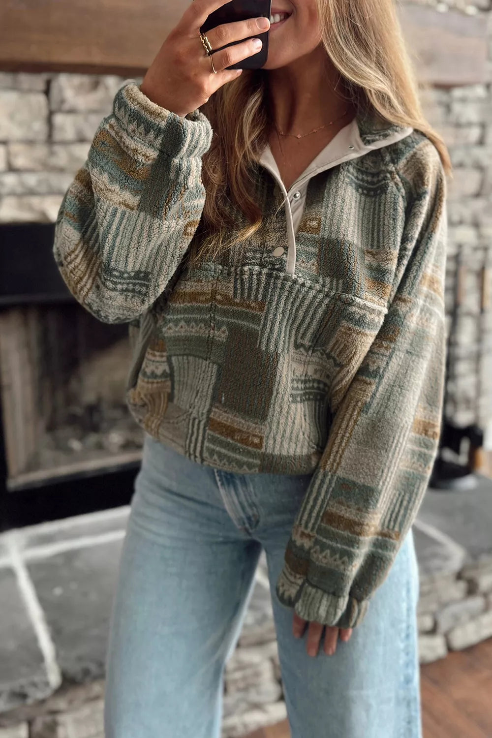 Trendsi Western Print Fleece Long Sleeve Casual Fit Sweatshirt -
