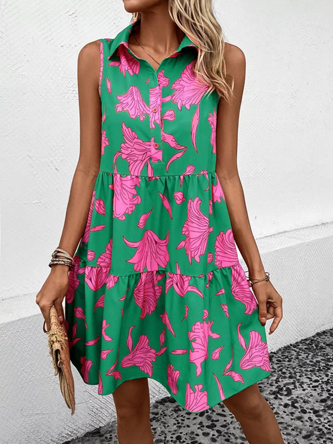 Trendsi Sleeveless Floral Print Tiered Shirt Dress -