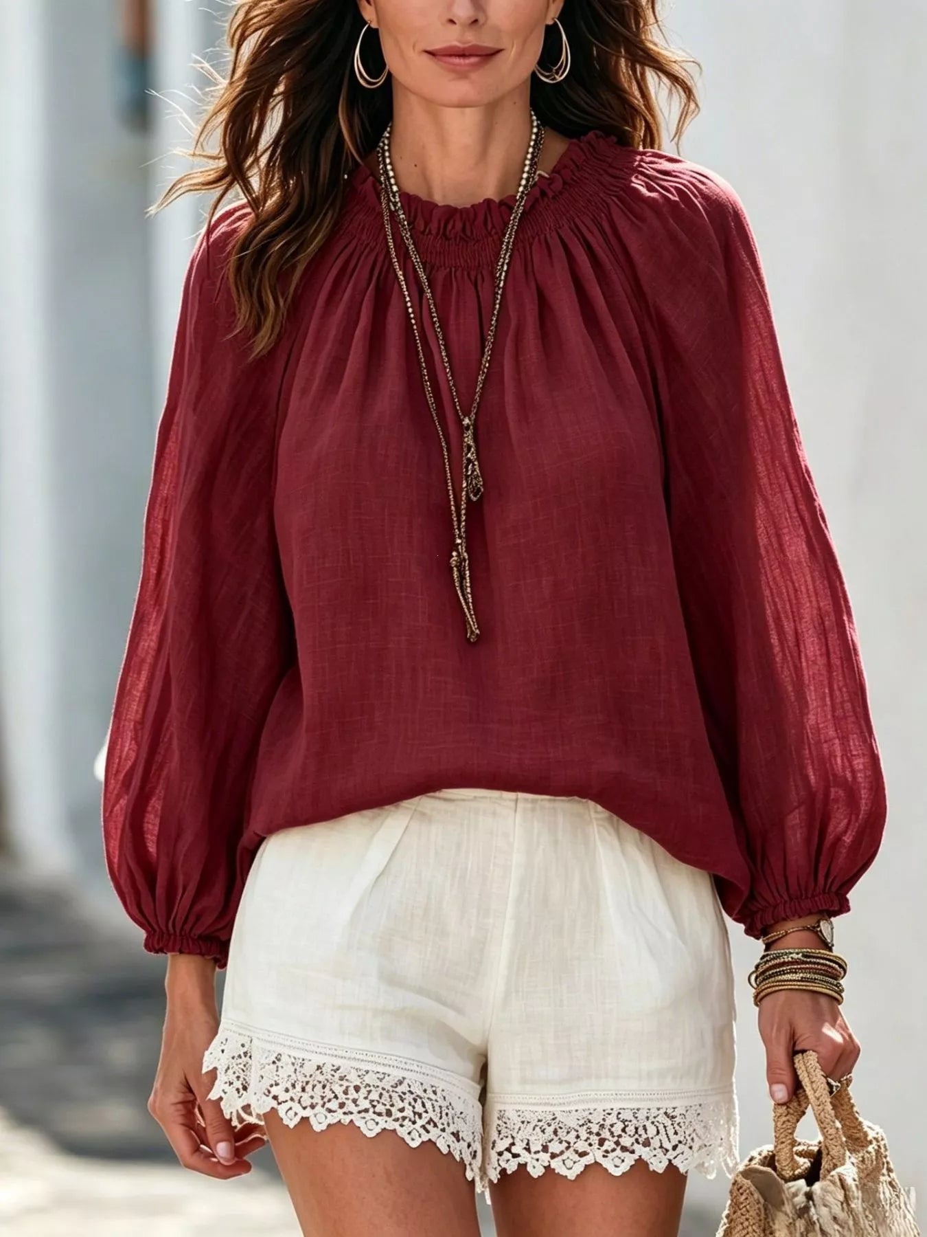Trendsi Round Neck Balloon Sleeve Blouse -