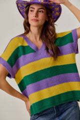 Trendsi SO ME Mardi Gras Loose Fit V Neck Stripe Sweater Top -