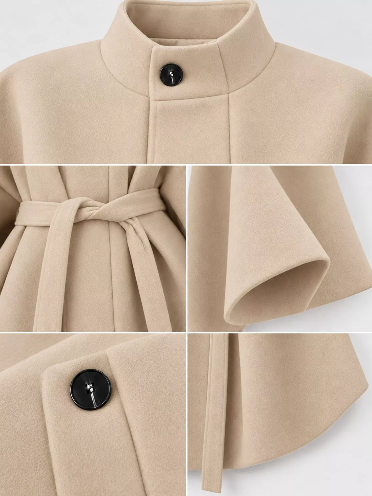 Beige tie-waist cape — design and construction details