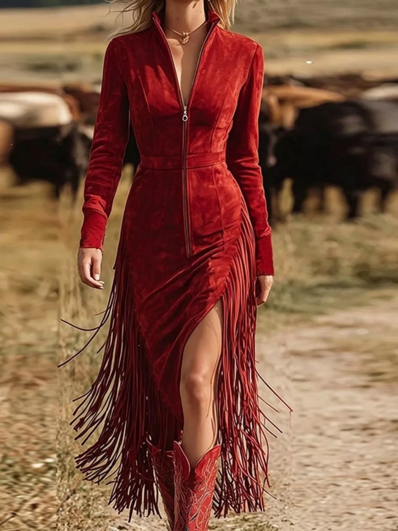 Trendsi Fringe Zip-Front Midi Dress -