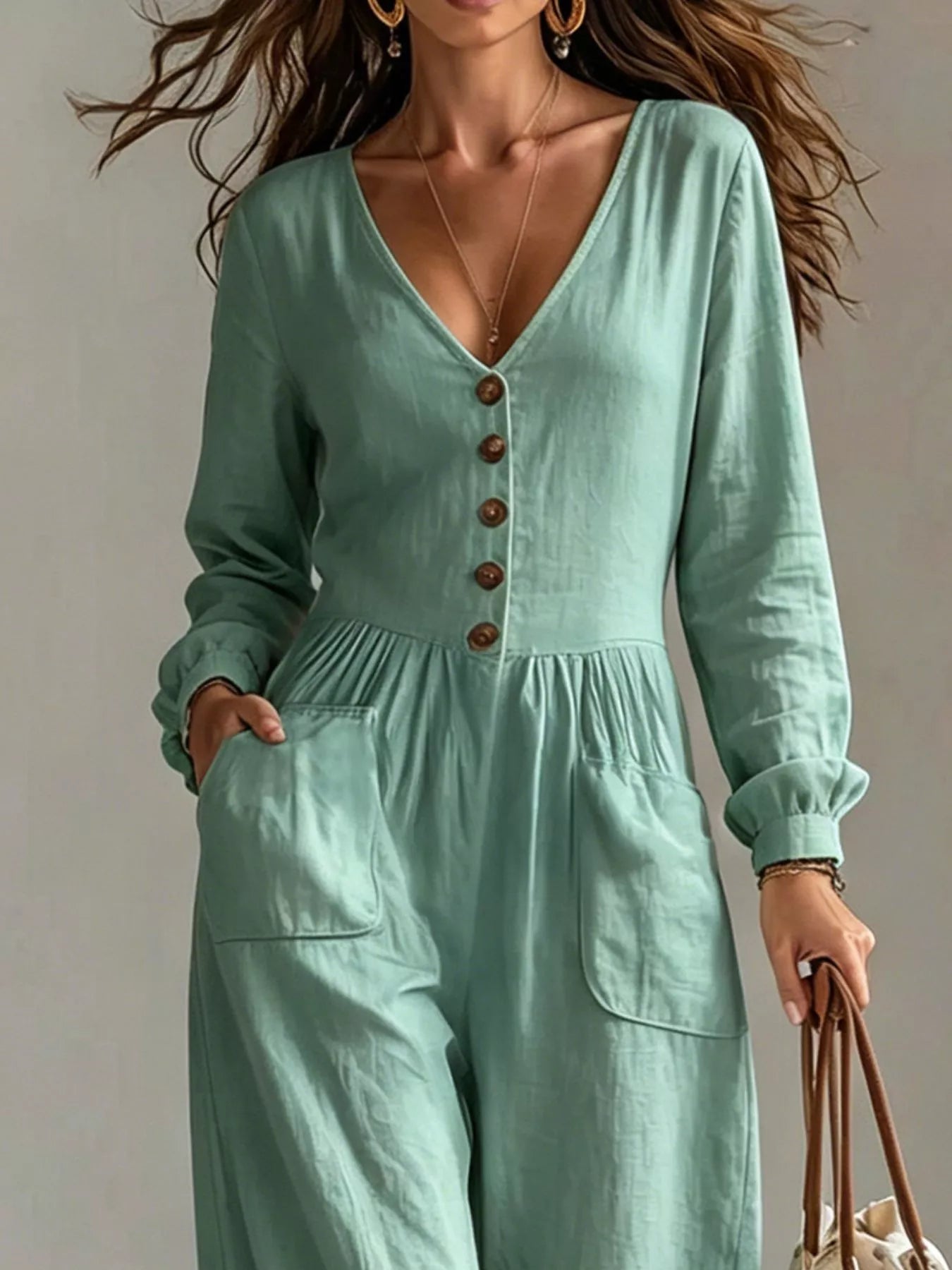 Trendsi V-Neck Long Sleeve Button-Down Wide Leg Jumpsuit -