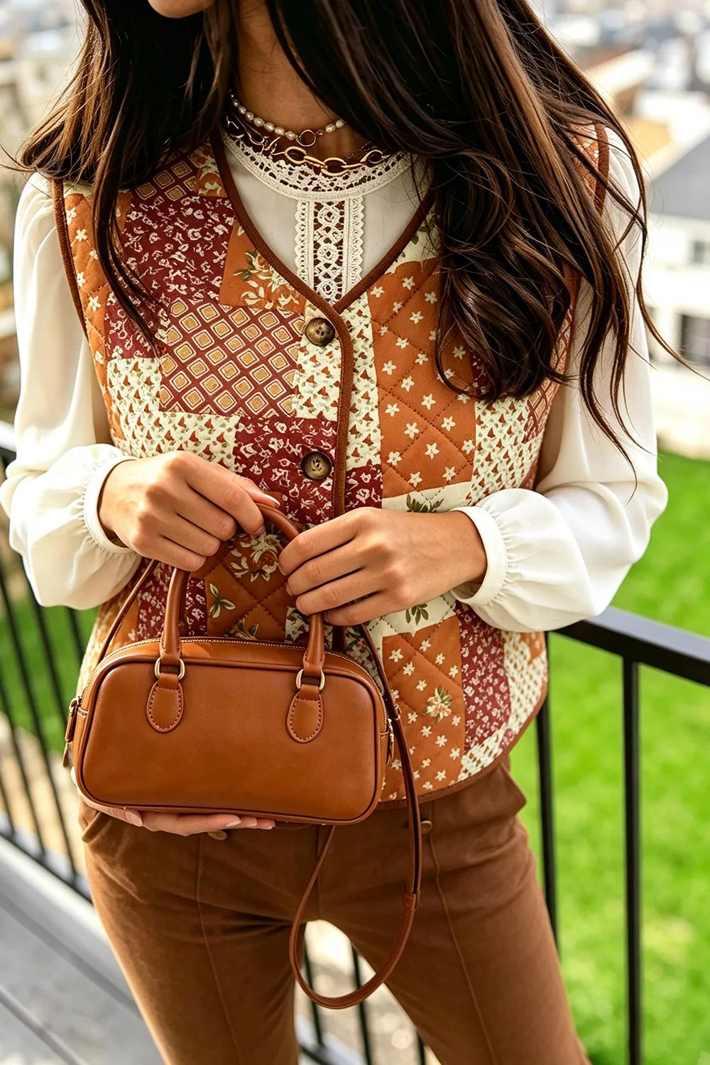 Quilted Floral Patchwork Button-Front Vest in orange, front view
