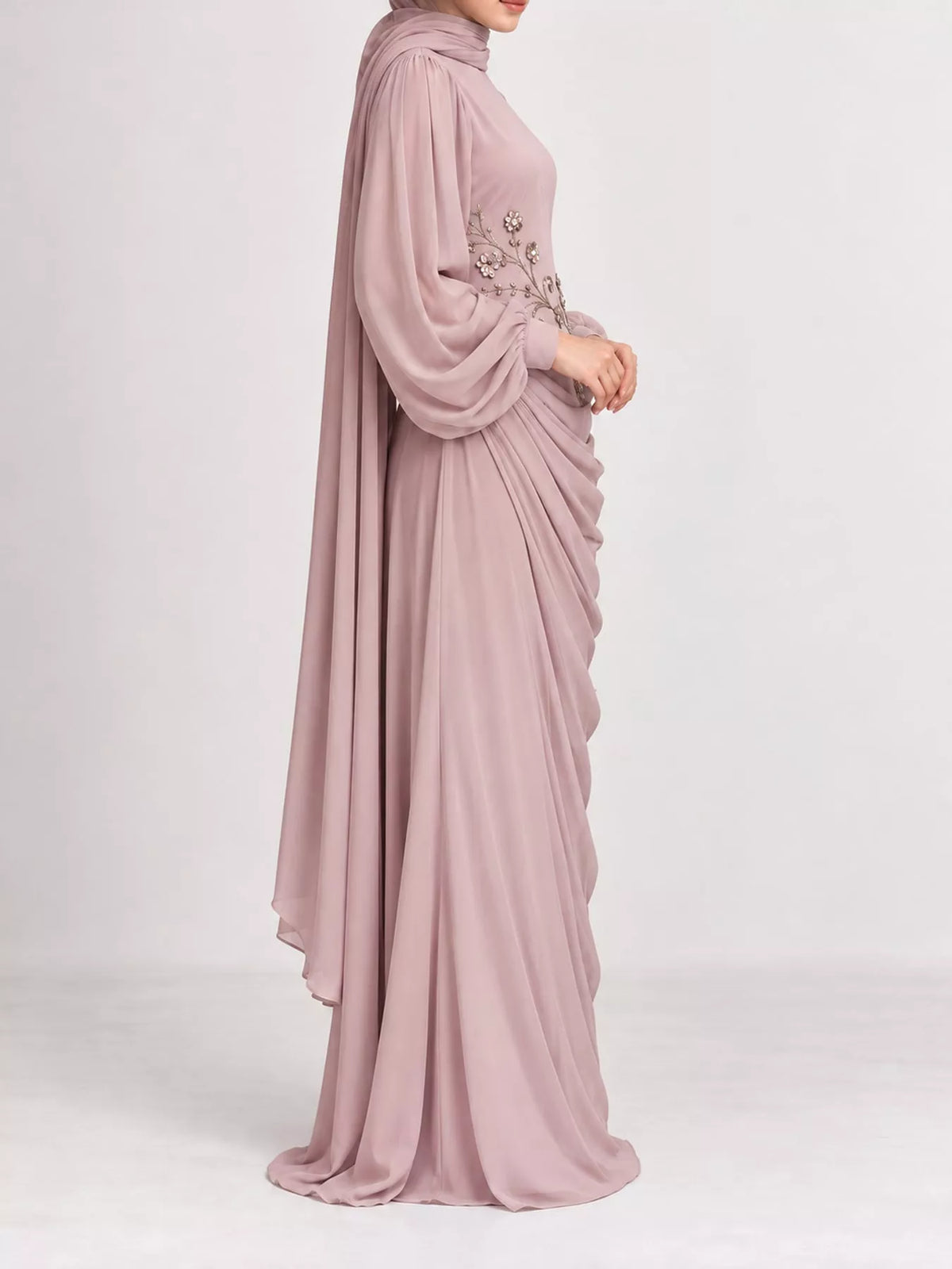 Pink floral detail long sleeve maxi dress, side view