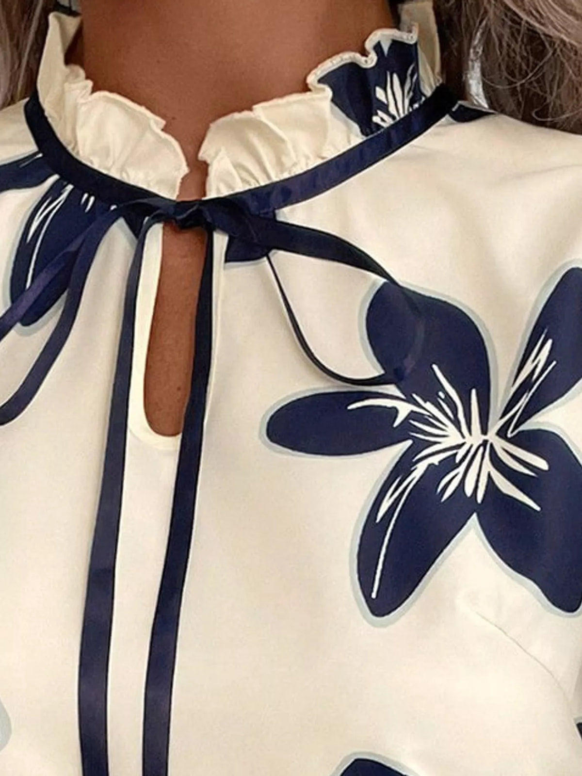 Contrast Trim Ruffle Sleeve Tie-Front Blouse, detail view in cream and navy blue
