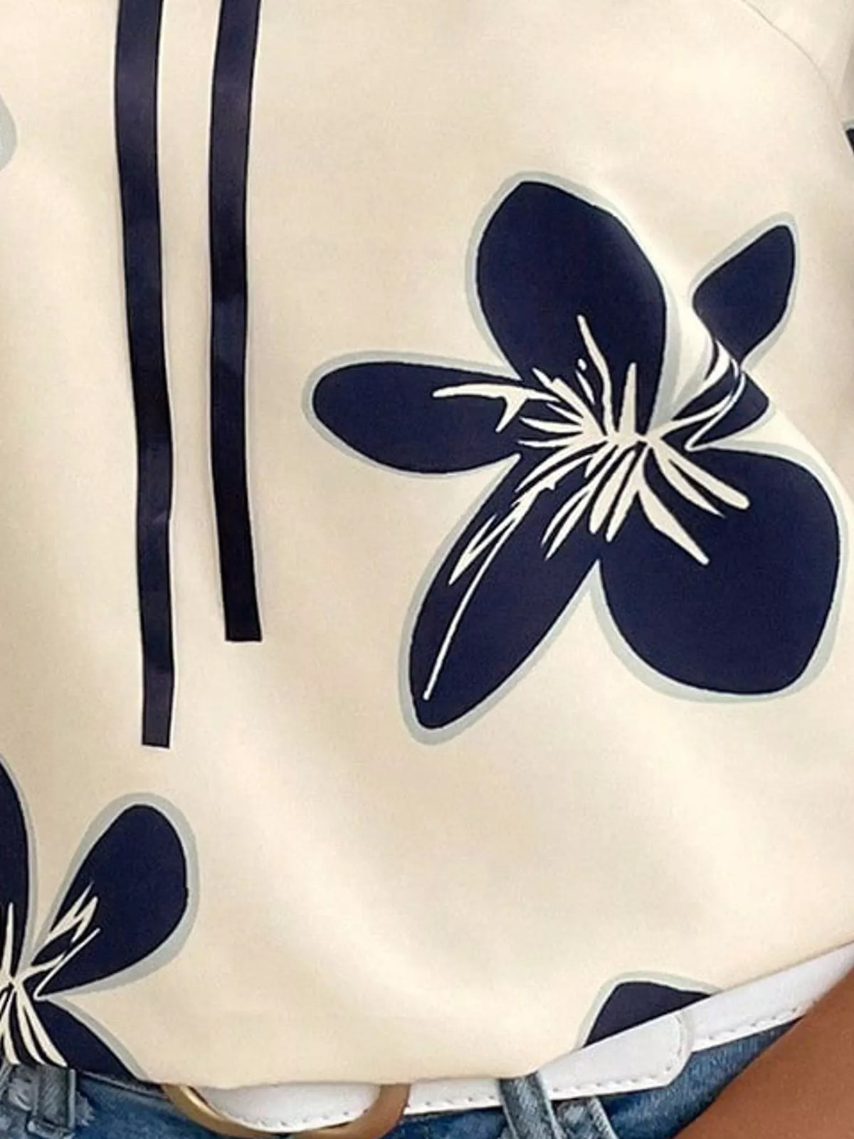 Contrast Trim Ruffle Sleeve Tie-Front Blouse, detail view in cream and navy blue