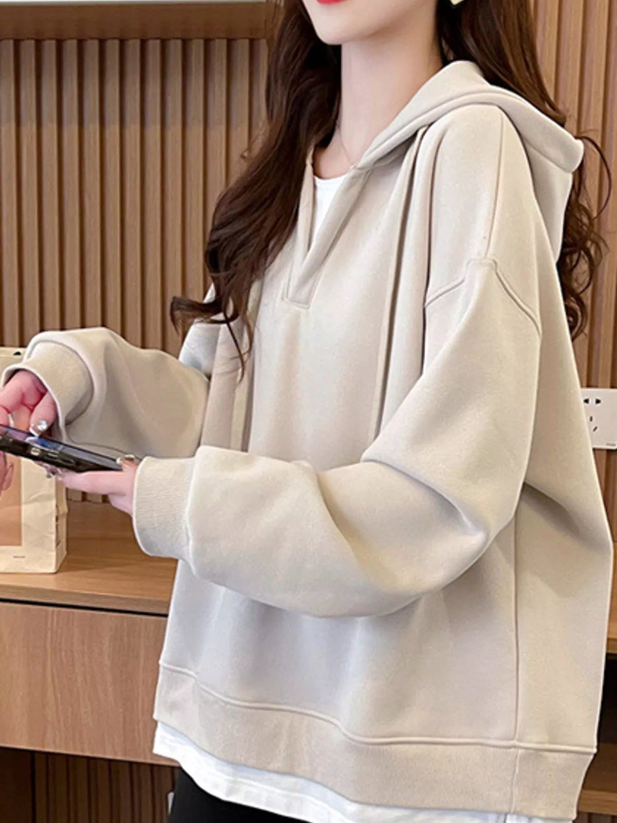Cream layered look dropped shoulder hoodie, front view