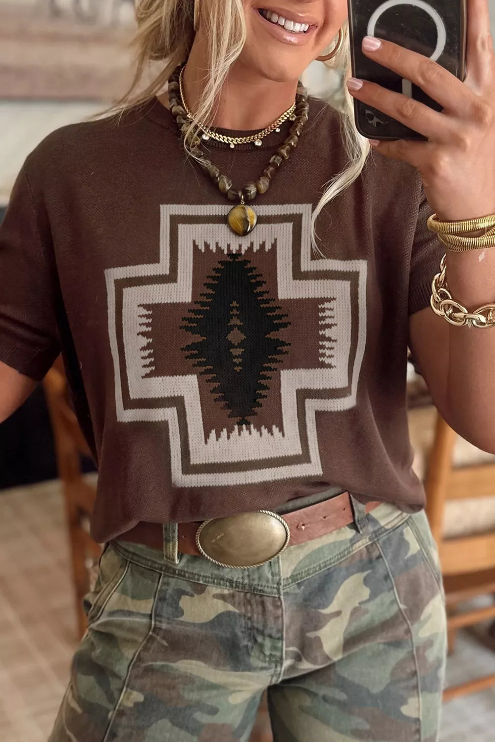 Trendsi Western Graphic Short Sleeve Knit Casual Sweater -