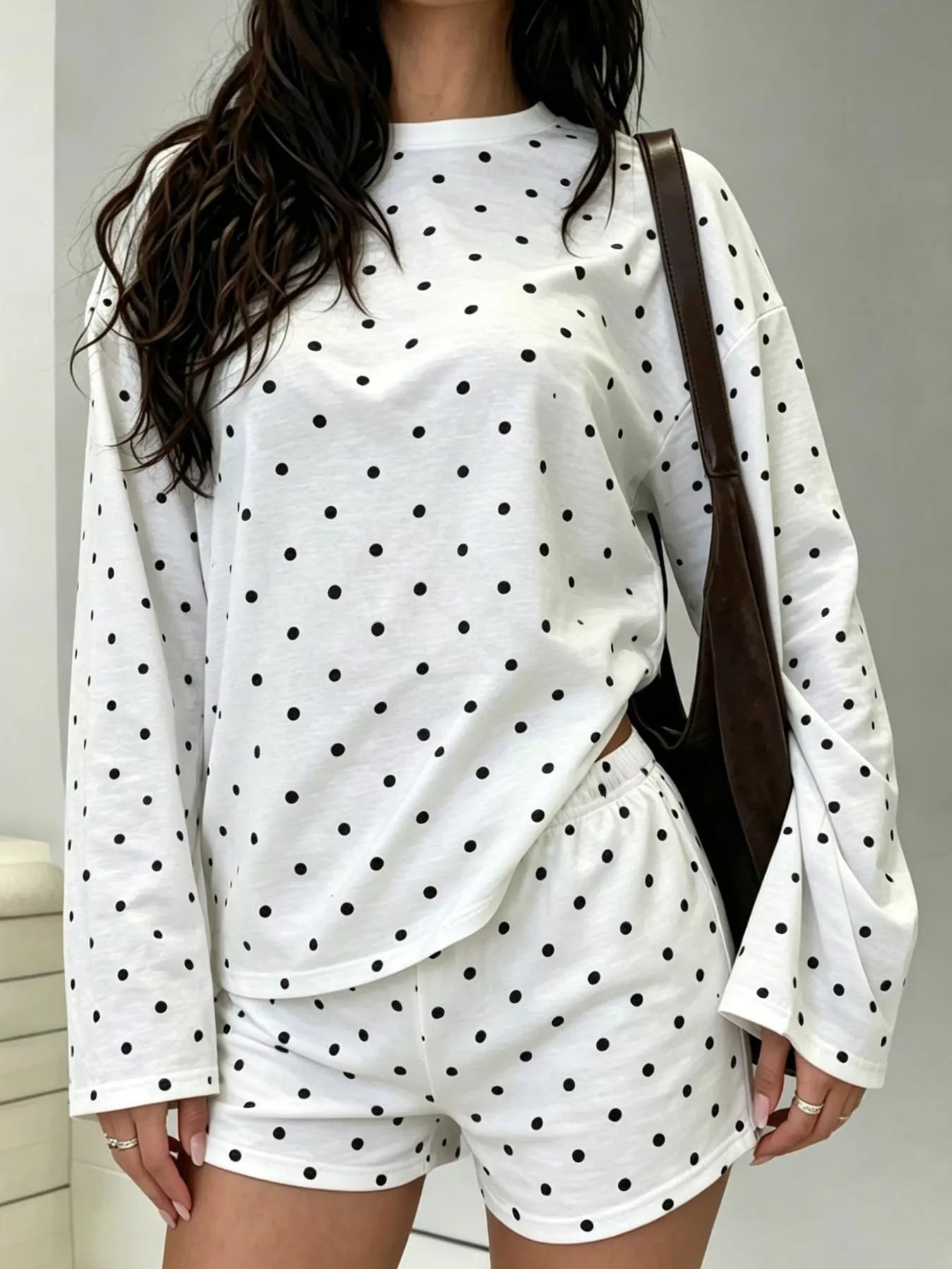 Trendsi Polka Dot Long Sleeve Top and Shorts Set -