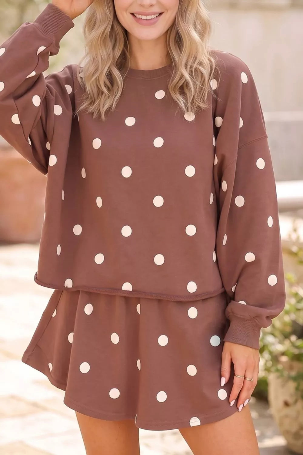 Trendsi Polka Dot Raw Hem Relaxed Pullover Loose Skort Two Piece Set -