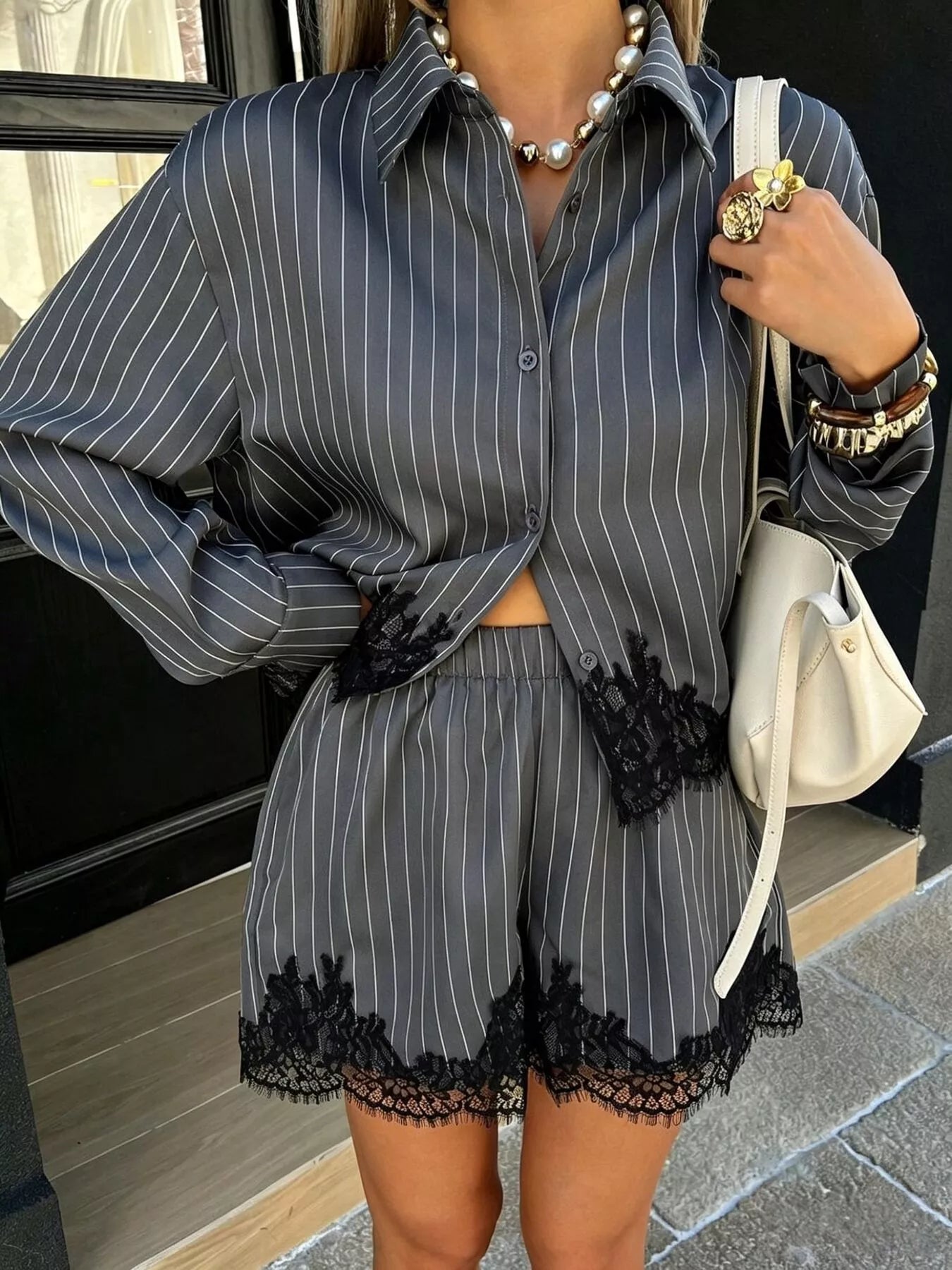 Trendsi Lace Trim Striped Button-Down Shirt and Shorts Set -