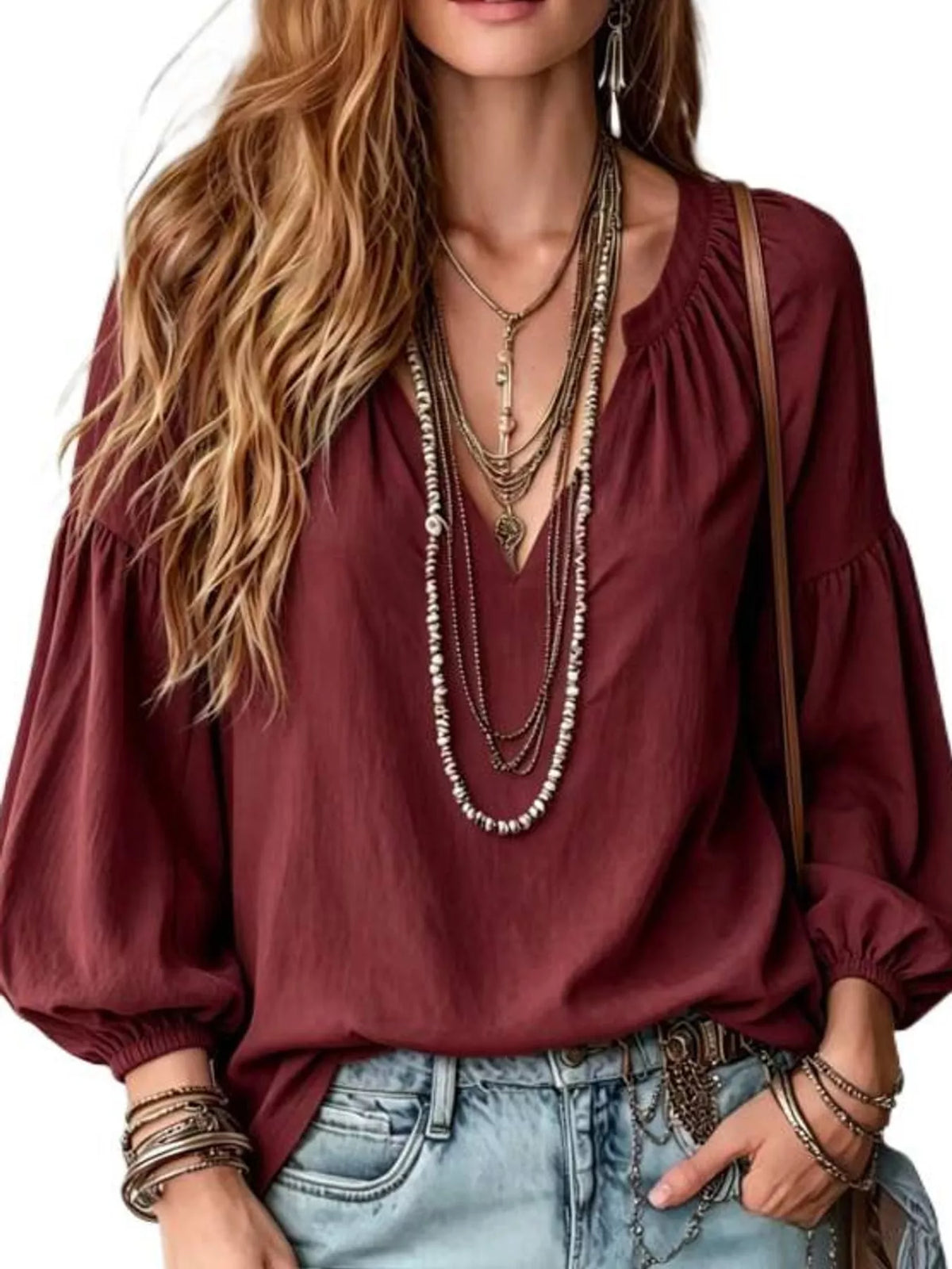Notched Balloon Sleeve Blouse in burgundy, front view