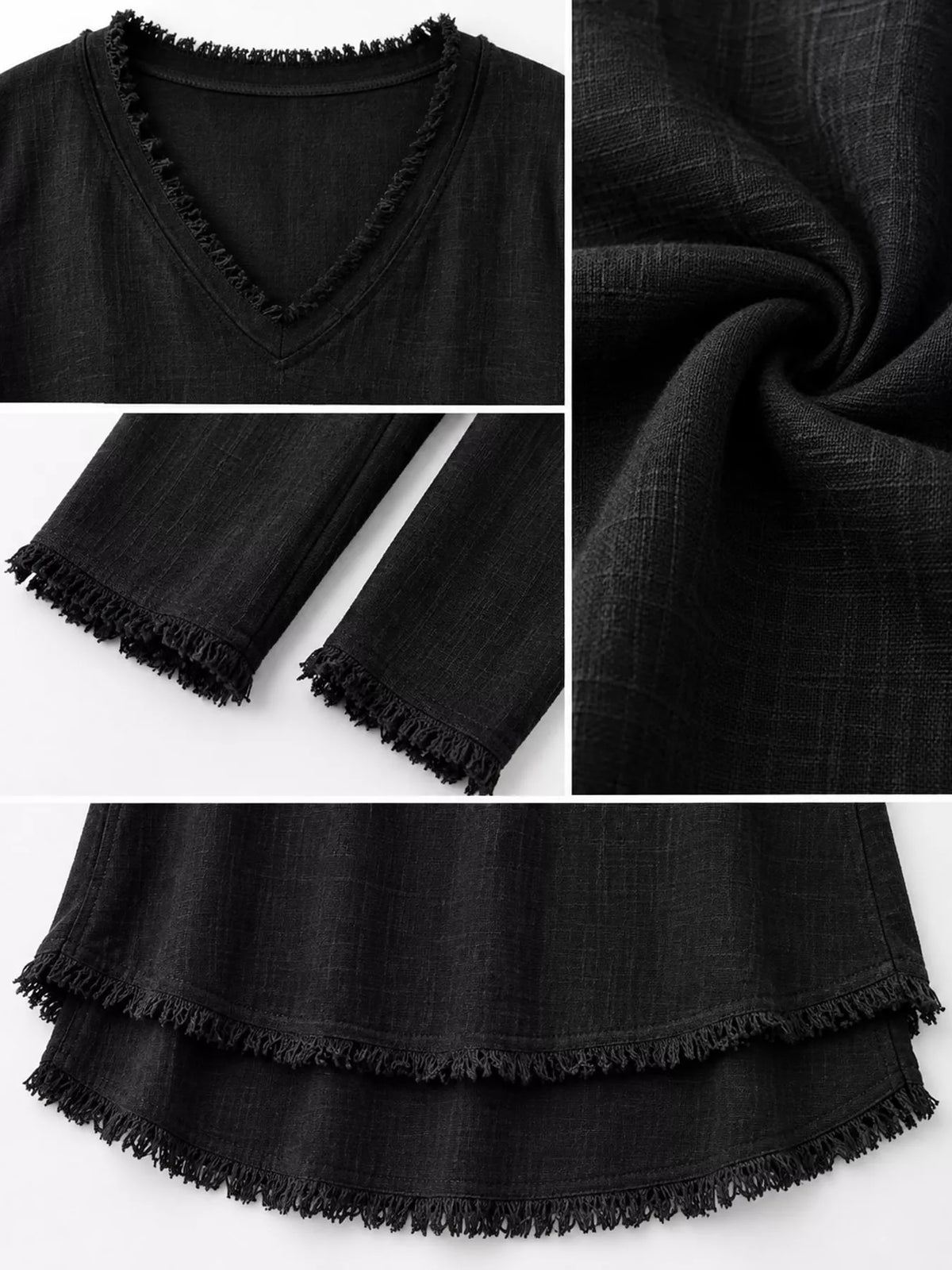 Frayed V-neck blouse, black detail