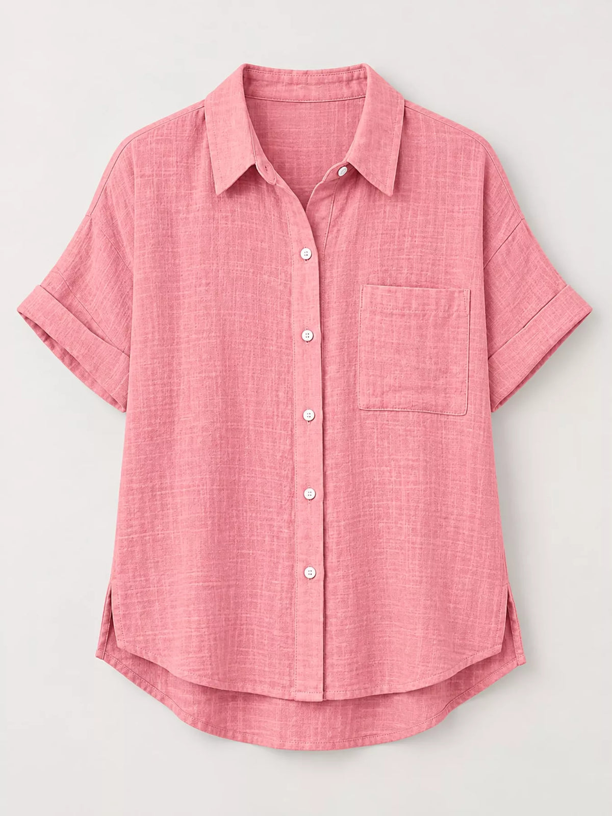 Women's Button Up Short Sleeve Shirt in pink — flat lay view