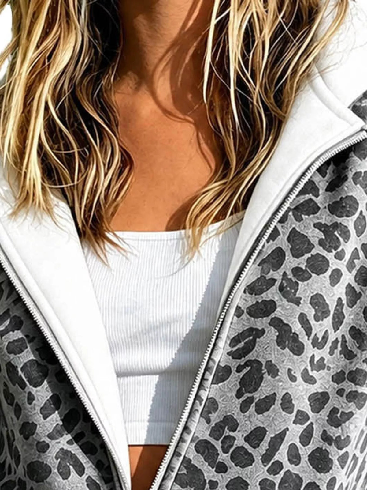 Women's Leopard Zip Up Hoodie in gray — neckline detail view