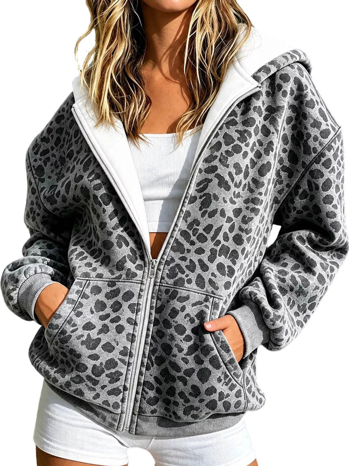 Women's Leopard Zip Up Hoodie in gray — front view