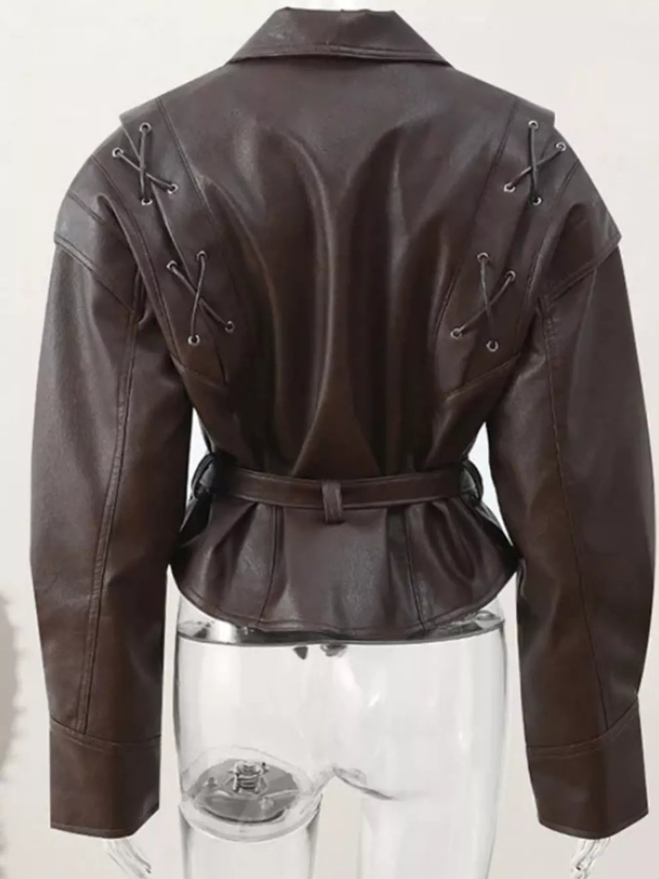 Trendsi Belted Leather Jacket with Shawl Collar -