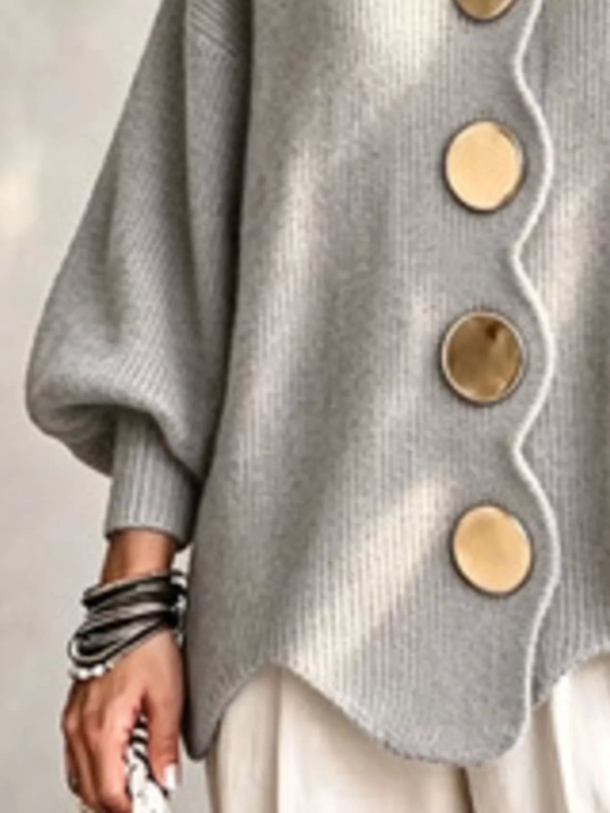 Gray scalloped-edge knit cardigan, button and cuff detail
