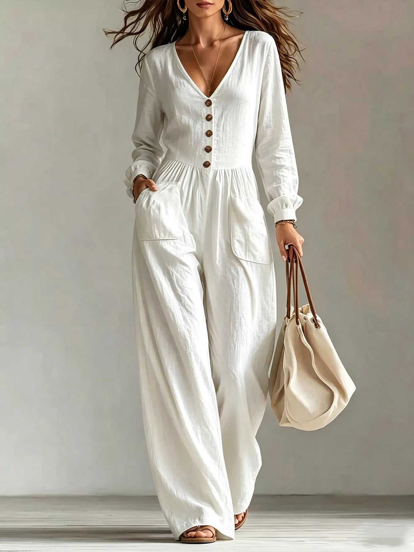 Trendsi V-Neck Long Sleeve Button-Down Wide Leg Jumpsuit -