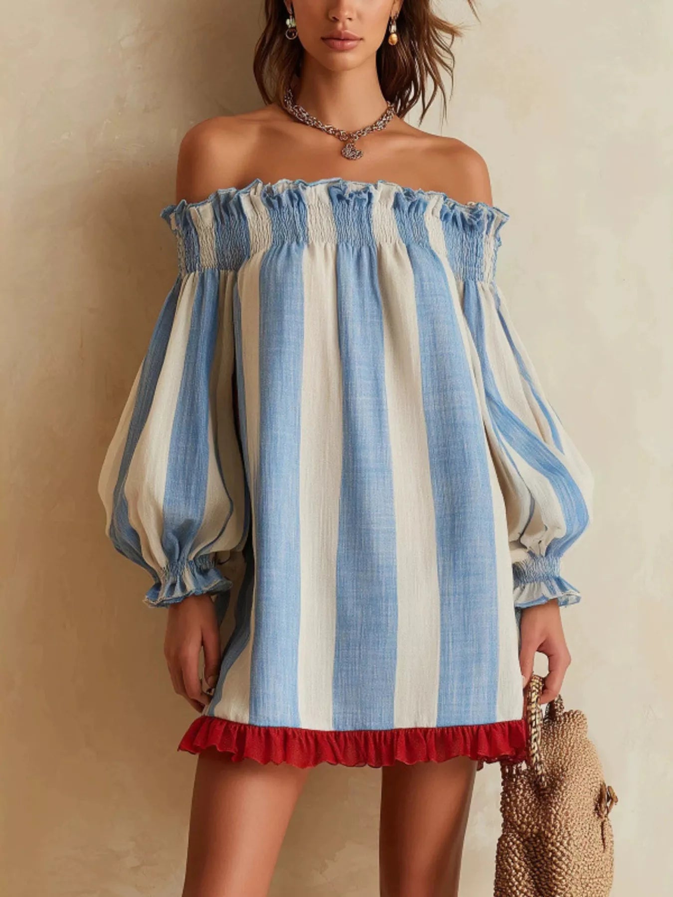Trendsi Off-Shoulder Striped Ruffle Hem Mini Dress -