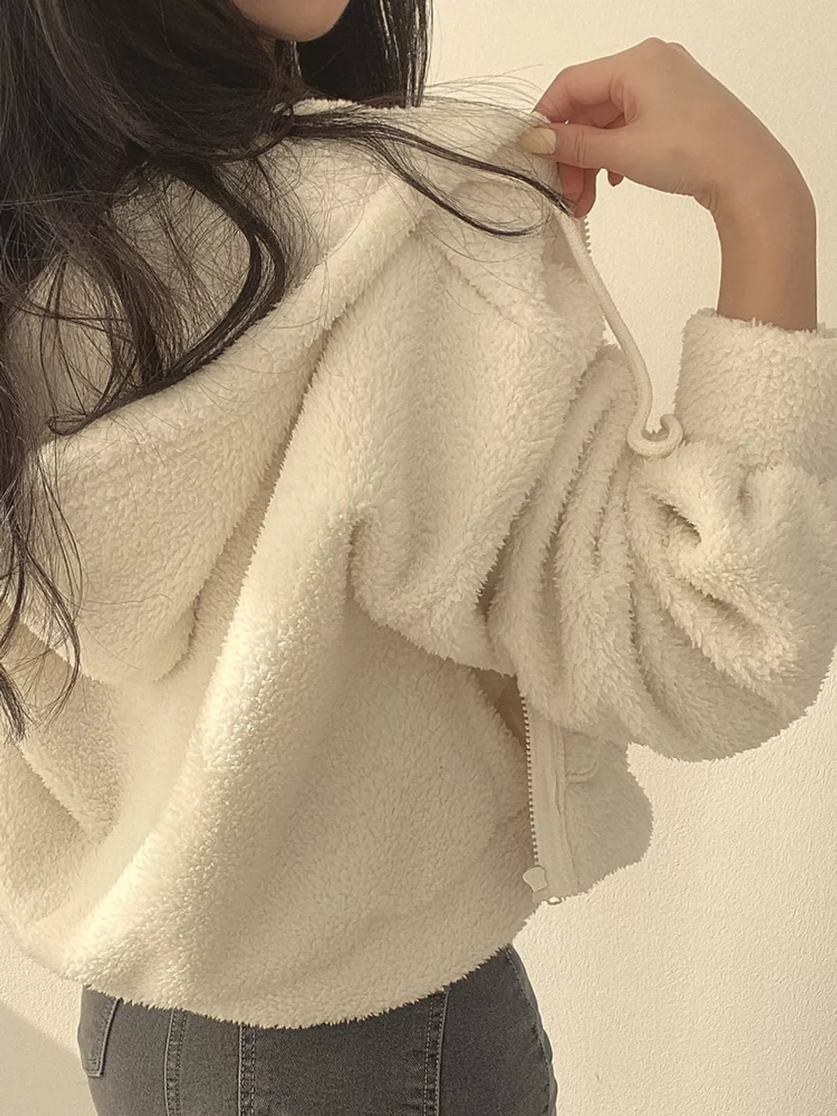 Cropped sherpa hoodie, cream hood detail
