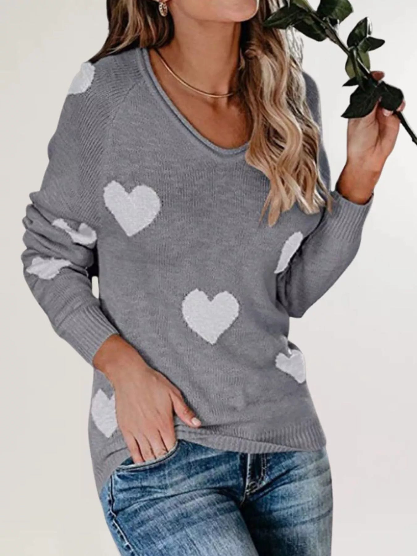 Trendsi Heart Pattern Raglan Sleeve Sweater -