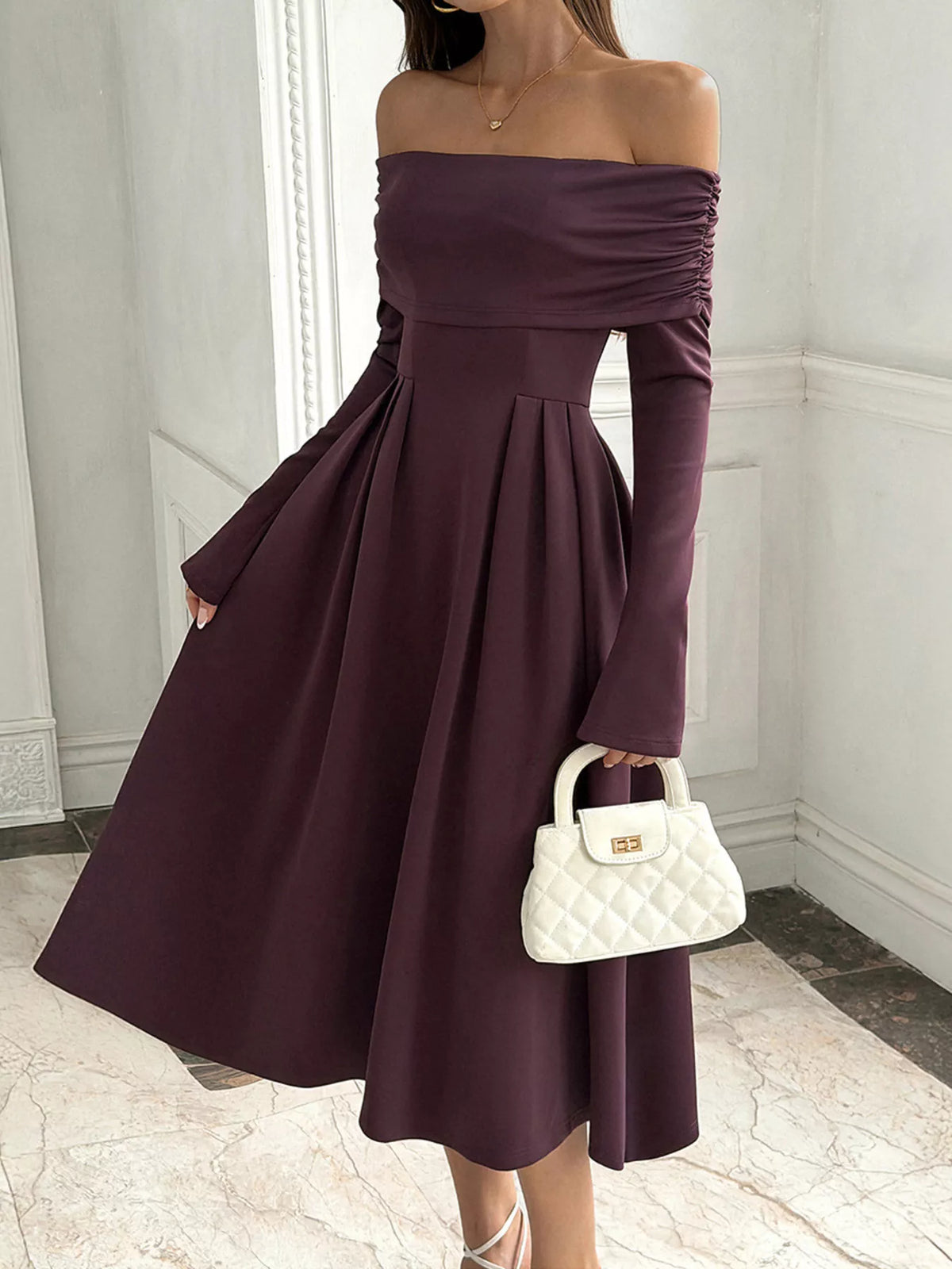 Coffee off-shoulder long sleeve midi dress