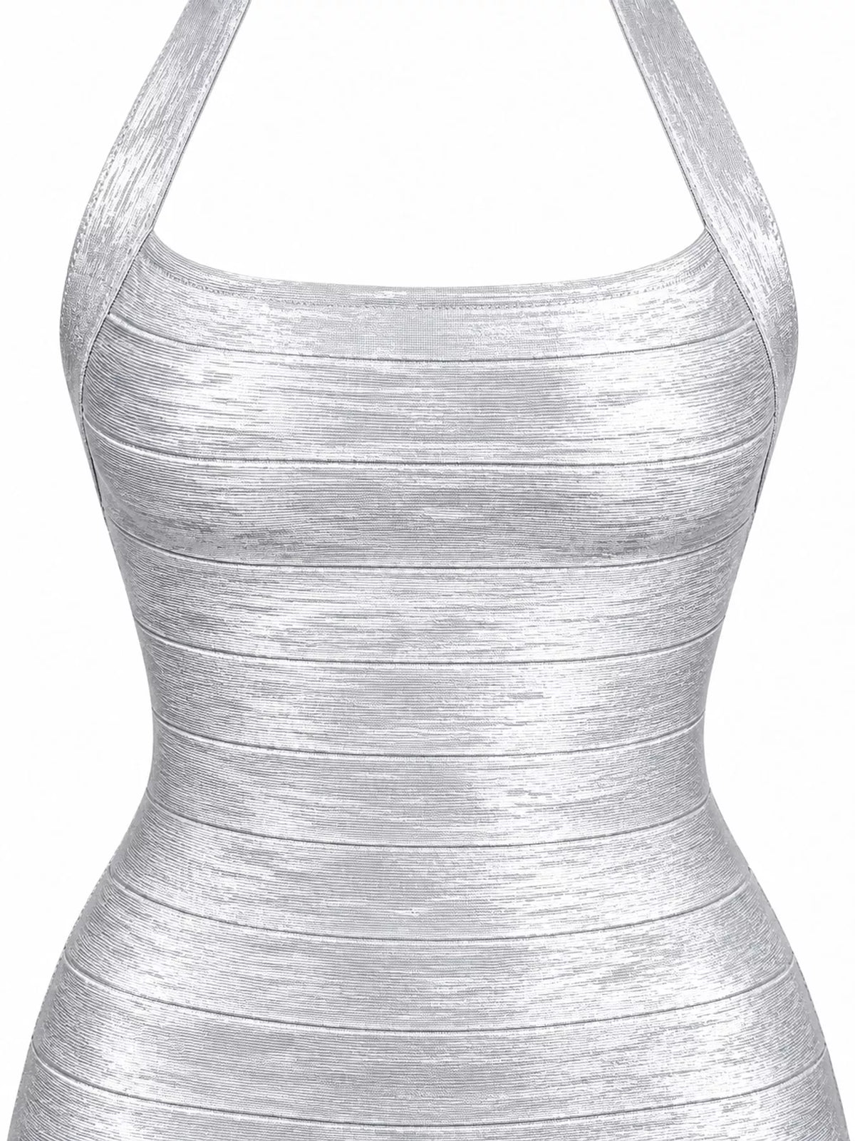 Silver halter neck bodycon dress, detail view