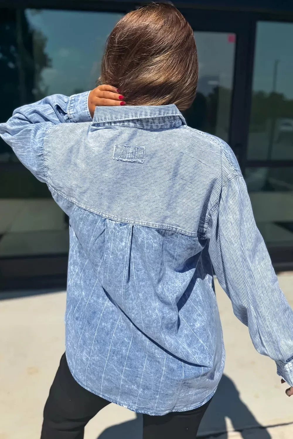 Trendsi Button-Down Front Striped Denim Shirt -