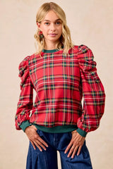Trendsi BiBi Christmas Plaid Exaggerated Shoulder Sleeves Top -