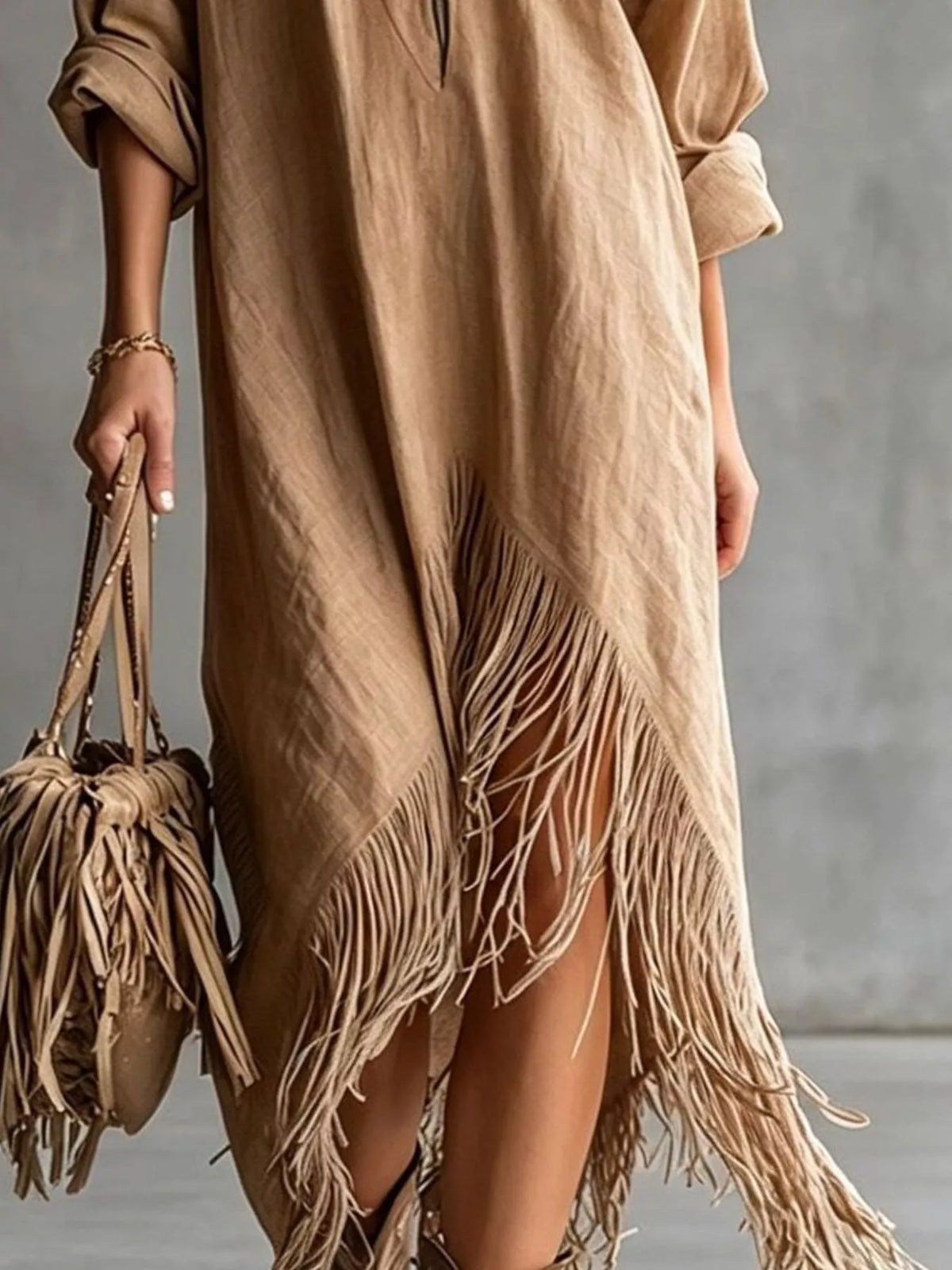 Zipper-Front Fringe Hem Midi Dress in brown, fringed hem detail