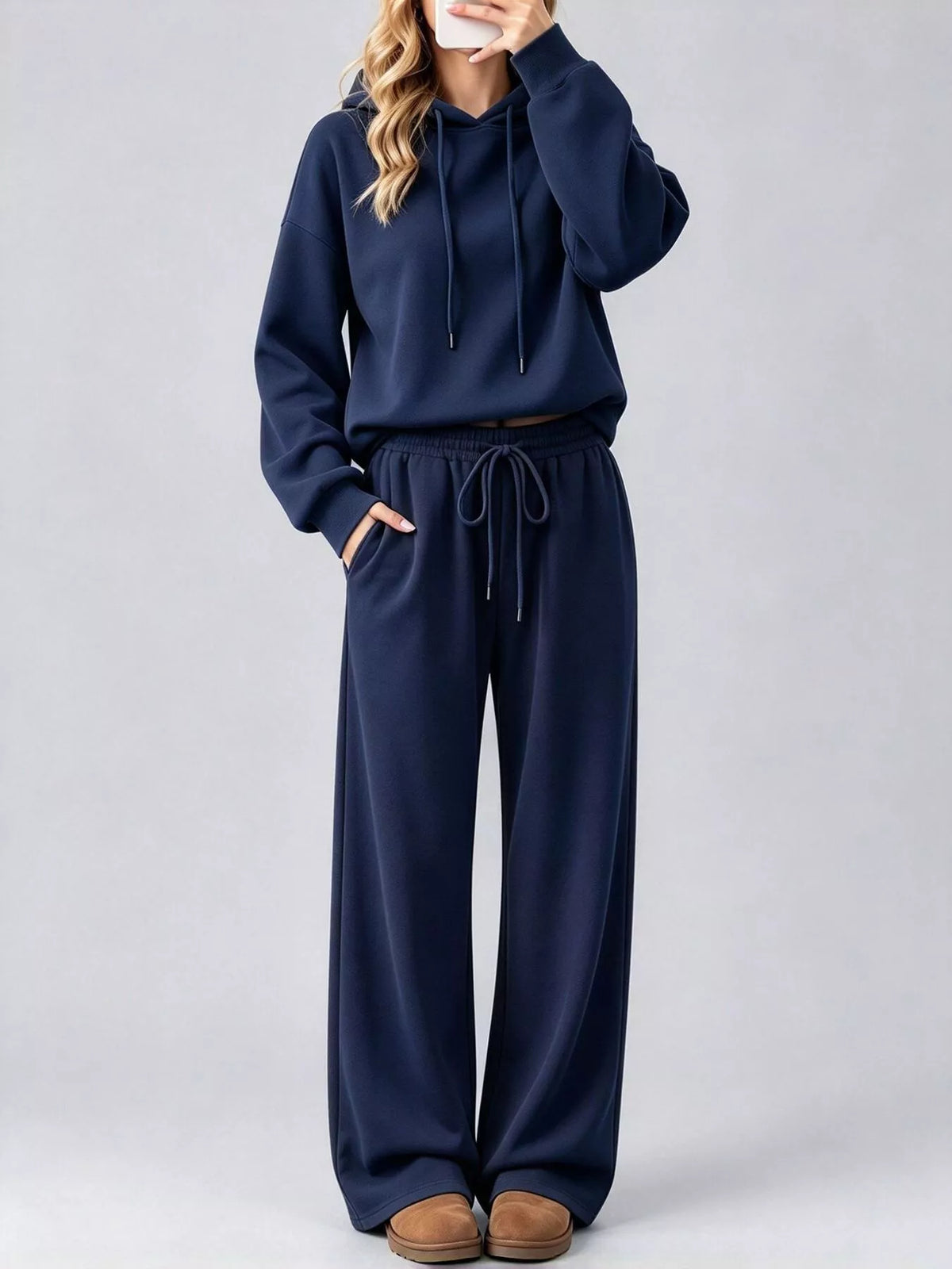 Navy dropped shoulder hoodie and wide-leg pants set