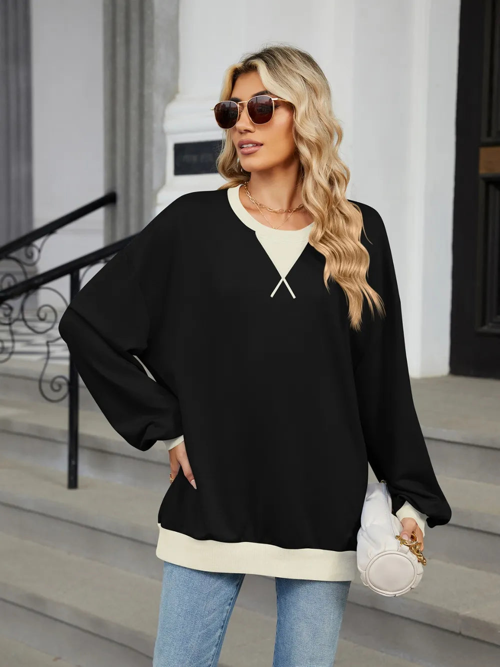 Trendsi Contrast Round Neck Long Sleeve Sweatshirt -