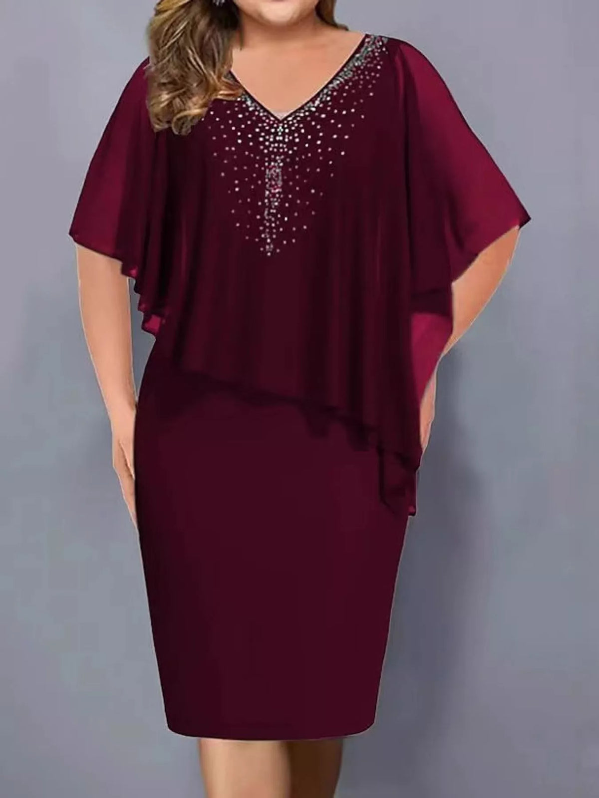 V-neck short sleeve knee dress, front view on model