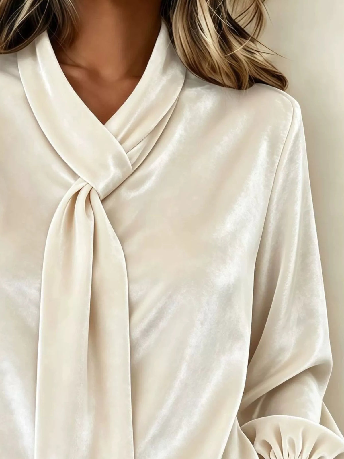 Women's Velvet Tie-Neck Long Sleeve Top in cream — neckline detail view