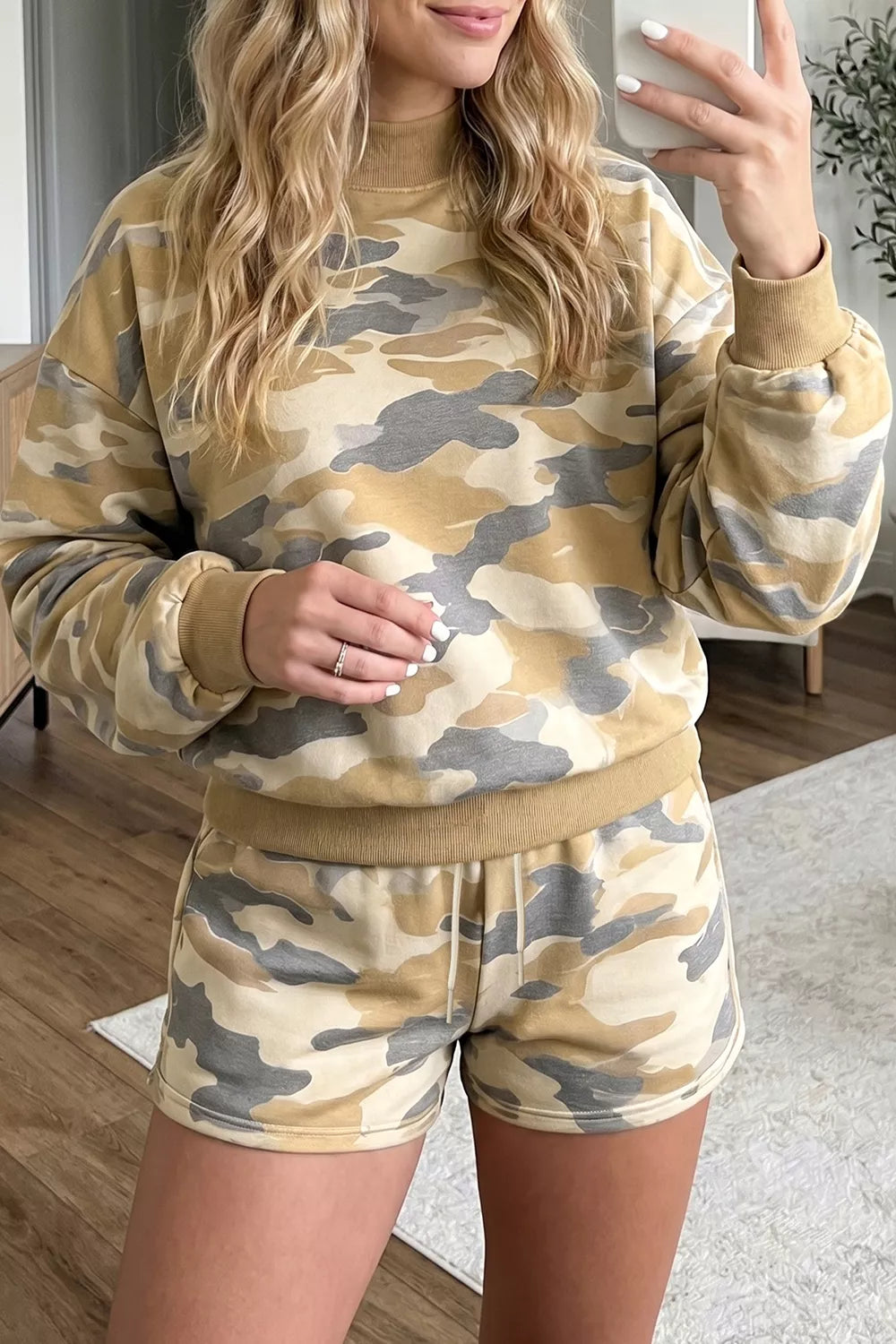 Camouflage Print Long Sleeve Top Drawstring Shorts Set in beige, front view