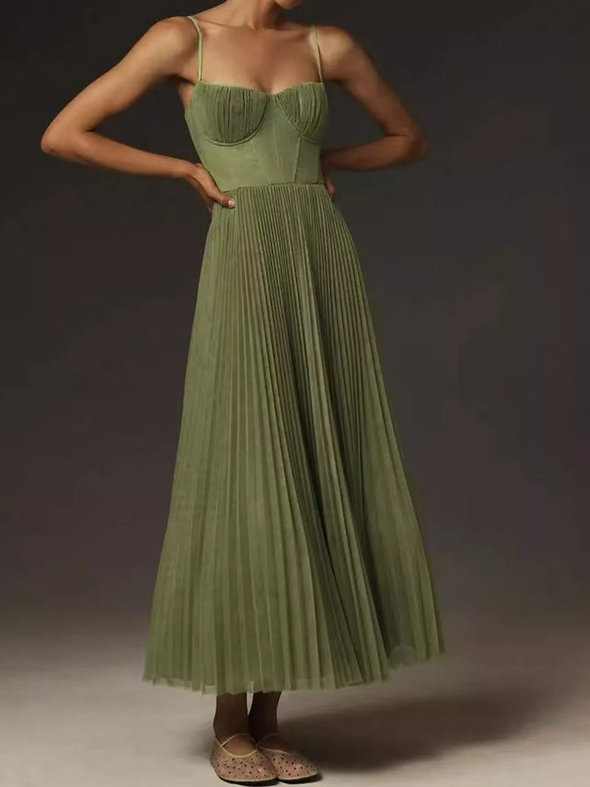 Green pleated sweetheart neck midi dress — front view
