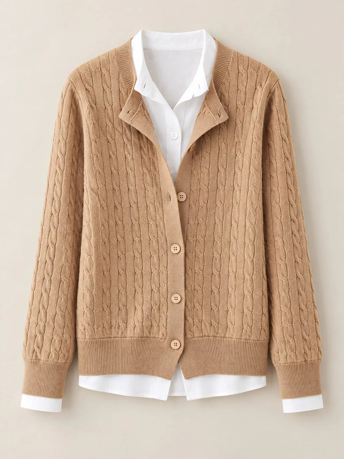 Camel cable-knit button-down cardigan