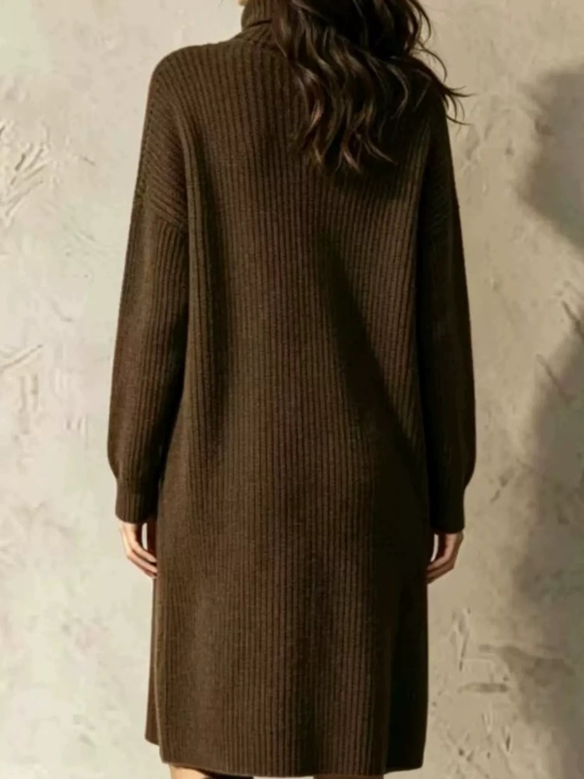 Brown ribbed turtleneck longline cardigan, back view