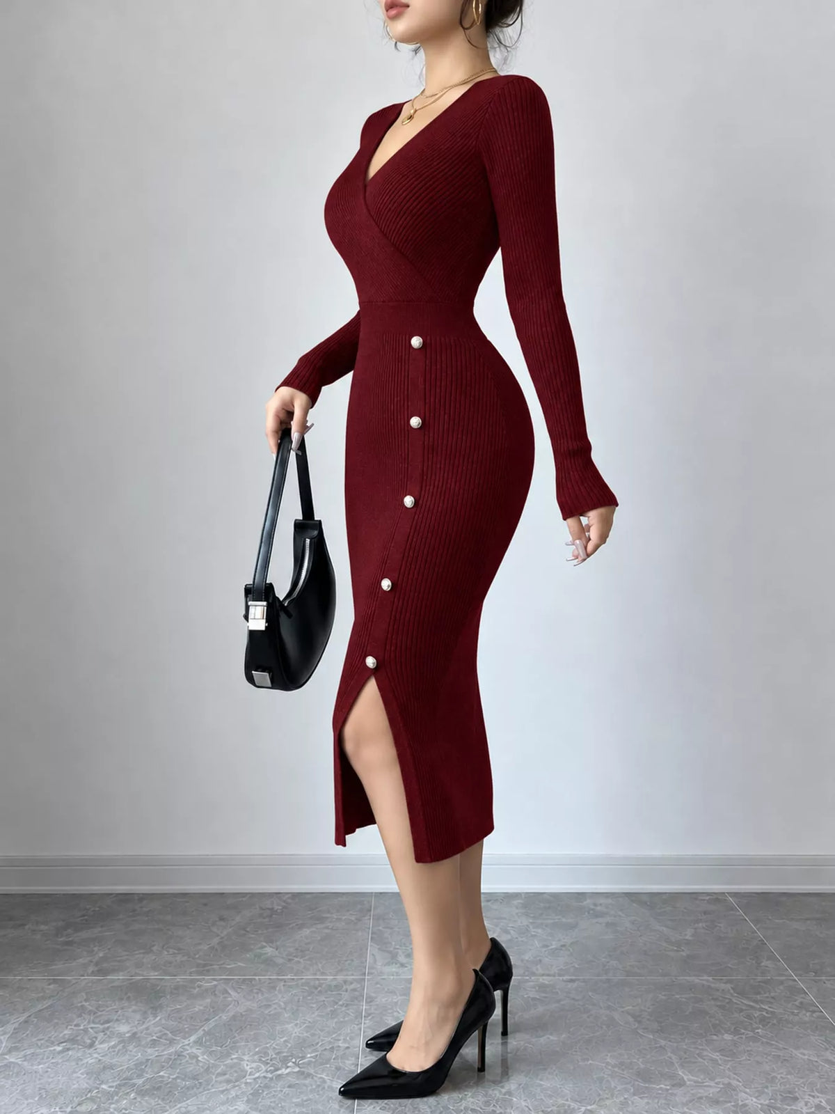 Burgundy decorative button ribbed knit sweater dress, side view