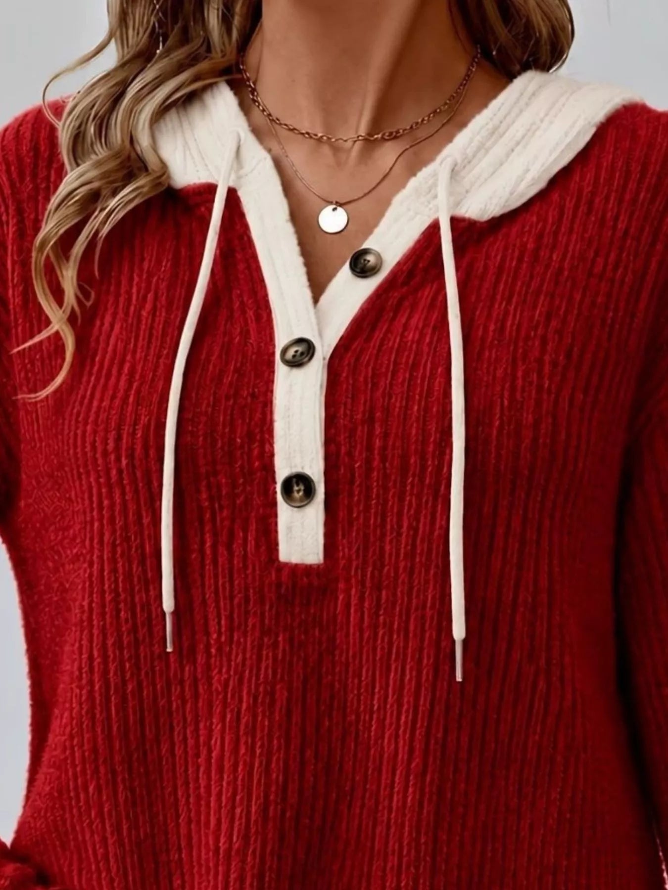 Trendsi Full Size Drawstring Button Detail Hooded Sweater Plus Size -