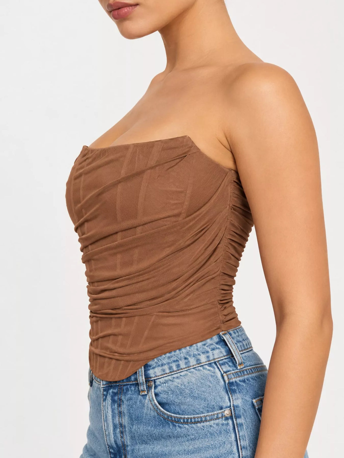 Corset Style Ruched Tube Top in brown