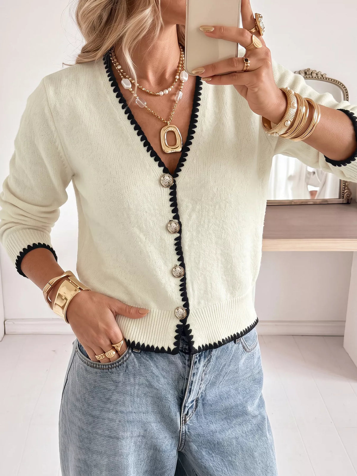 Trendsi Contrast Trim V-Neck Button-Down Cardigan -