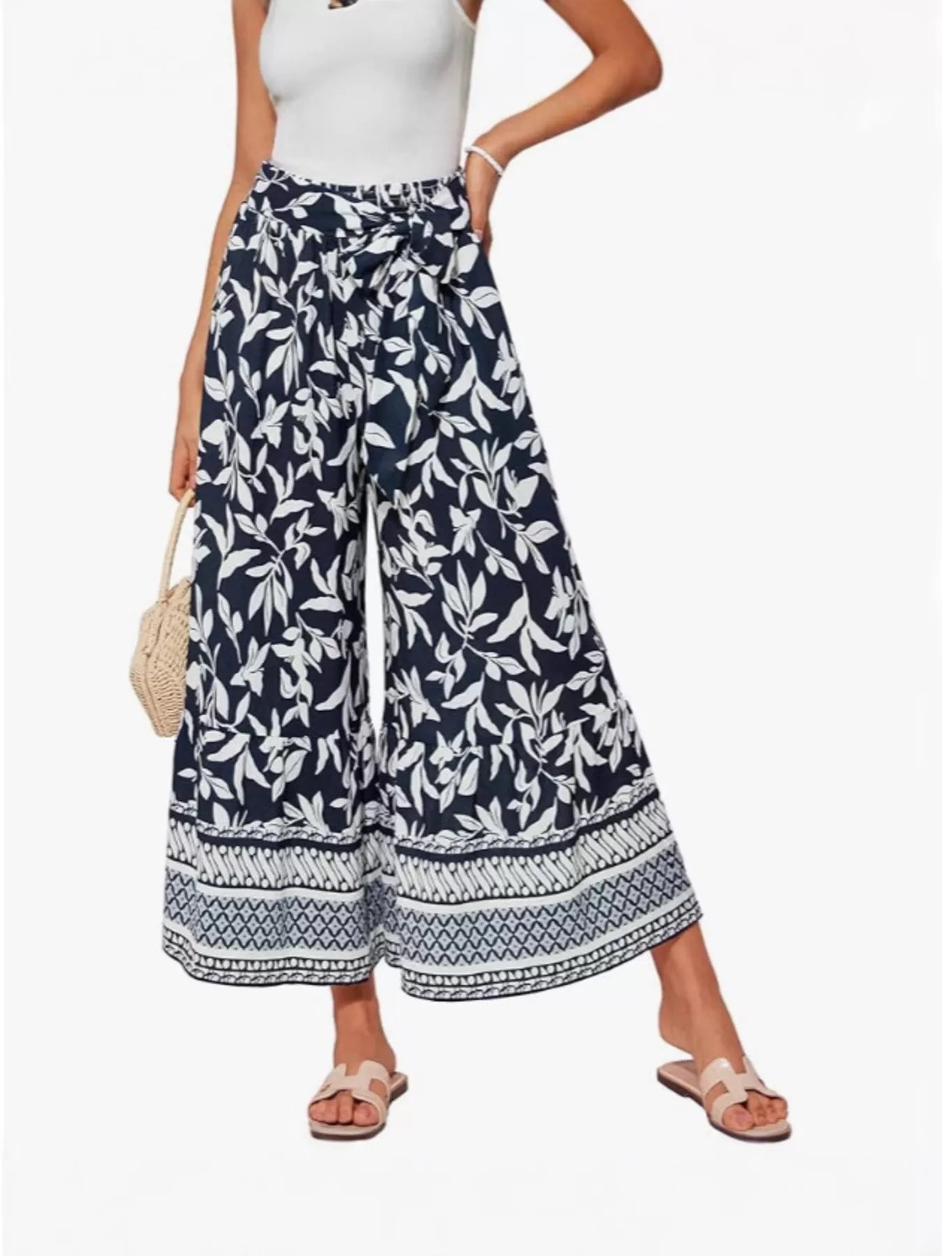Trendsi Full Size Tie Waist Wide-Leg Printed Pants Plus Size -