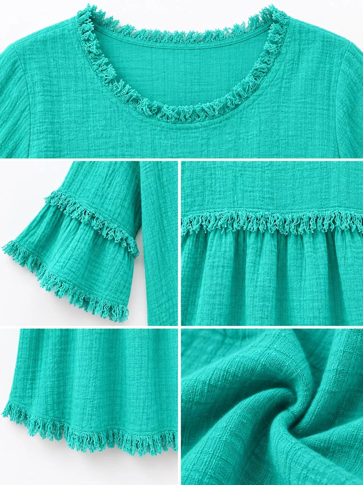 Turquoise frayed edge textured blouse, frayed neckline, sleeve trim, hem, and fabric texture